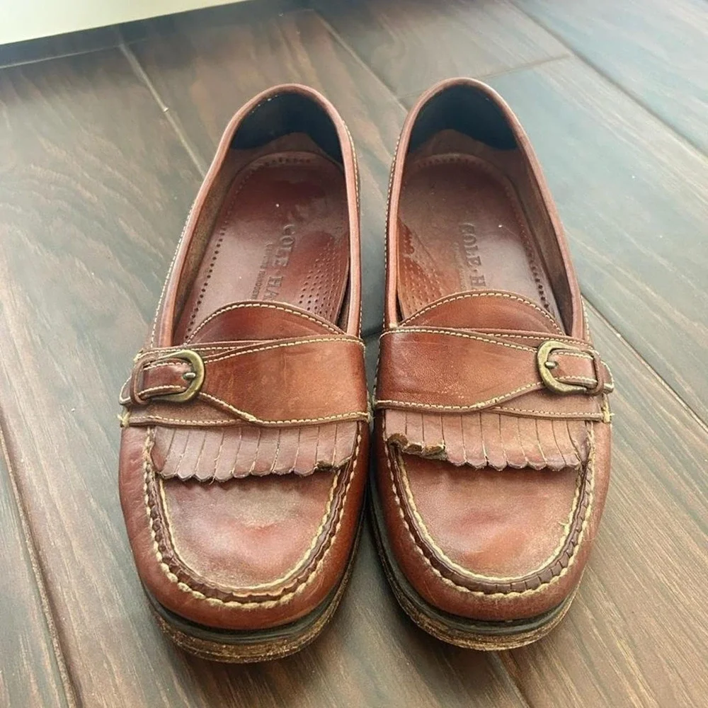 Men's vintage brown leather Cole Haan kiltie monk buckle loafers  size 9.5D